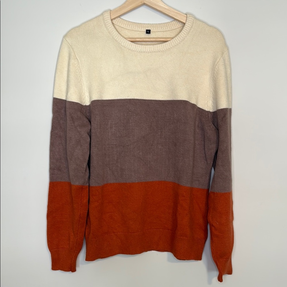 Amazon Cream and Brown Crewneck Sweater with Ribbed Trim